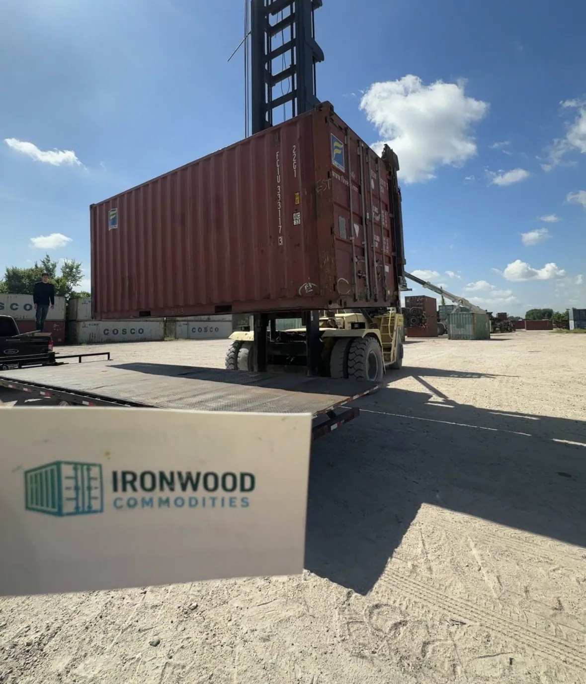 20ft wind and watertight shipping container lifted by a container handler at the Ironwood yard in Houston