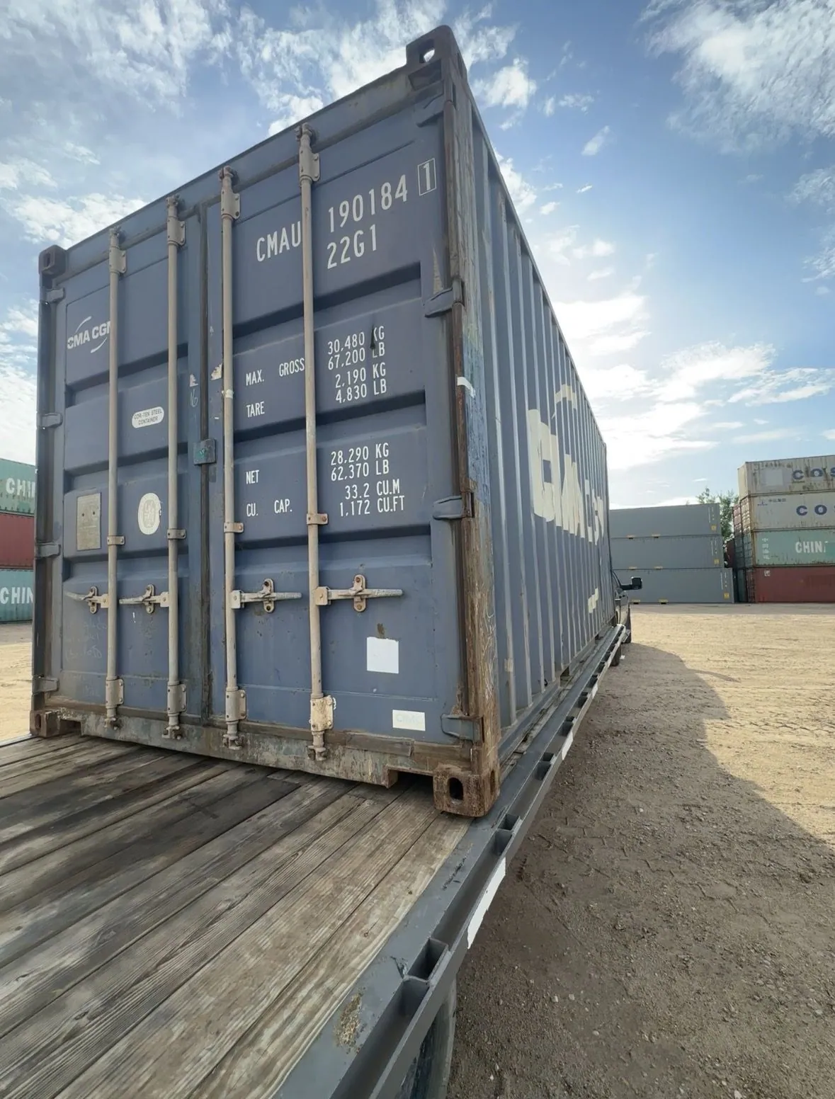 20ft wind and watertight container on a flatbed at the Houston yard
